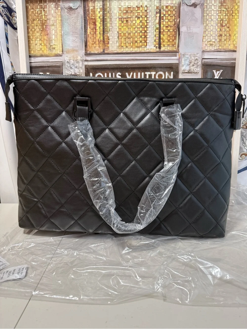 Badgley Mischka Quilted Black Leather Tote Bag